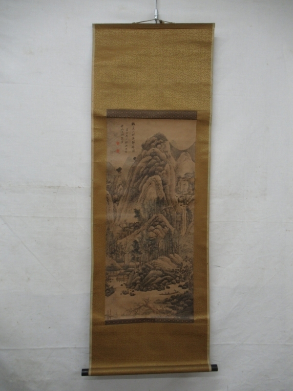 E0304 呉歴 「梅道人村荘歸棹図」 複製画 紙本 掛軸 中国書画 紙本金地
