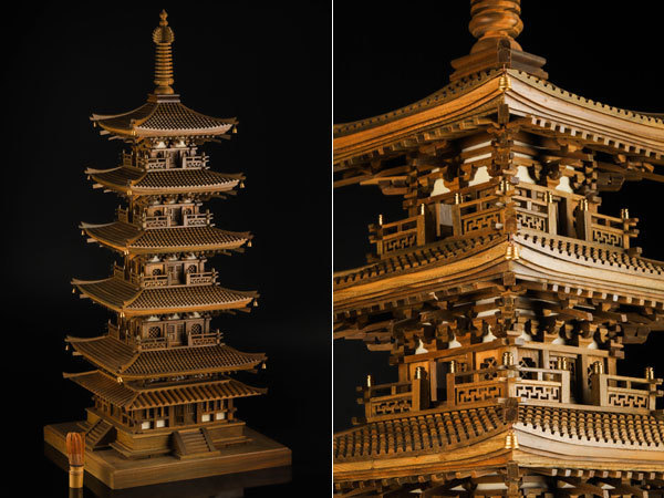 流】仏教美術 蒋先林作 木造 緑檀五重塔 高98cm DB087 ◎(東洋彫刻