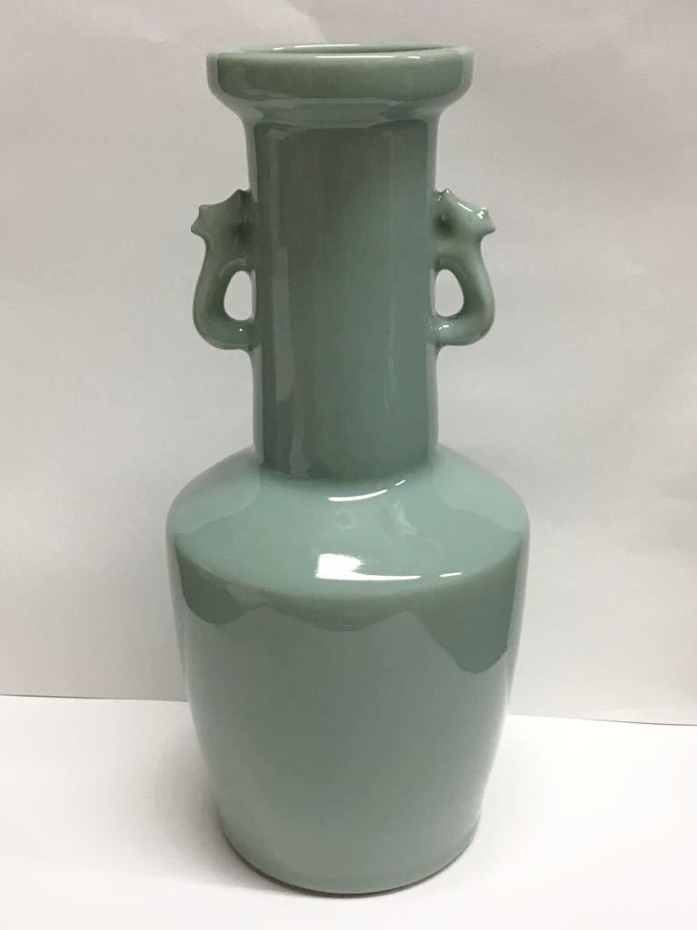 中国美術 青磁花瓶 壺 砧青磁 天龍寺 双耳 獣耳花瓶 高さ31cm(青磁