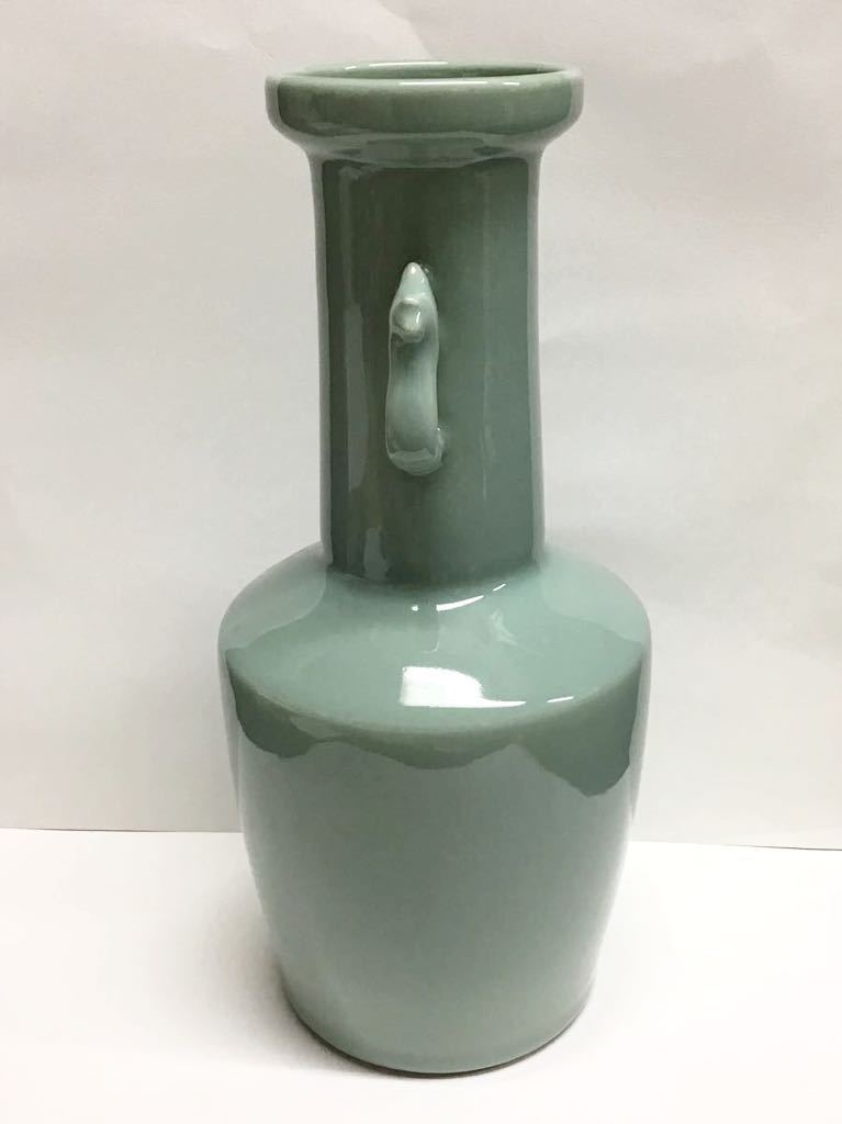 中国美術 青磁花瓶 壺 砧青磁 天龍寺 双耳 獣耳花瓶 高さ31cm(青磁
