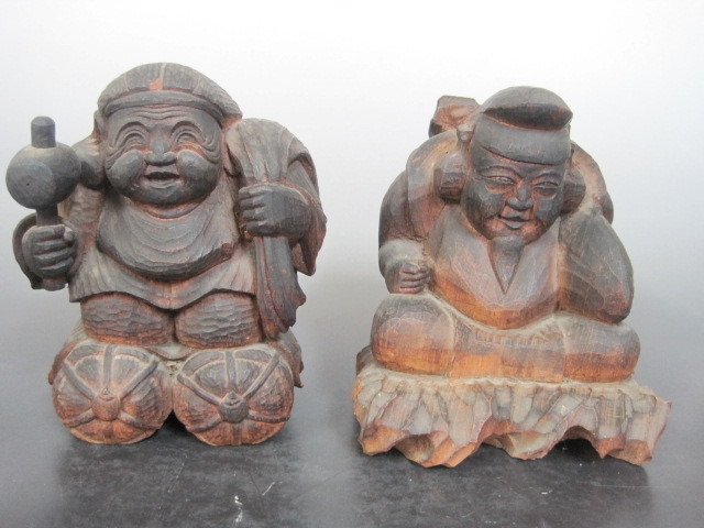 大正時代 古い「大黒天・恵比寿天」木彫2体セット 洸慶作 記載有り