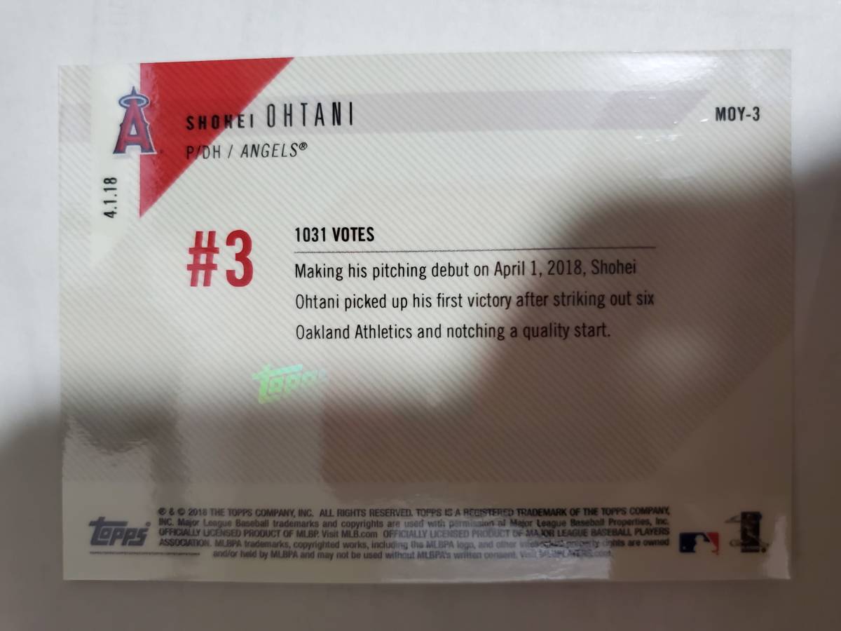 極美品 大谷翔平 2018 MLB ルーキー オブ ザ イヤー受賞記念カード 