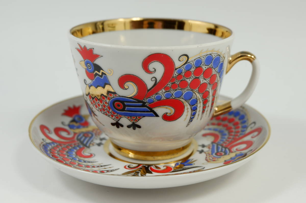 旧刻印 レッドルースター ティーカップ＆ソーサー 大き目サイズ ロシア  