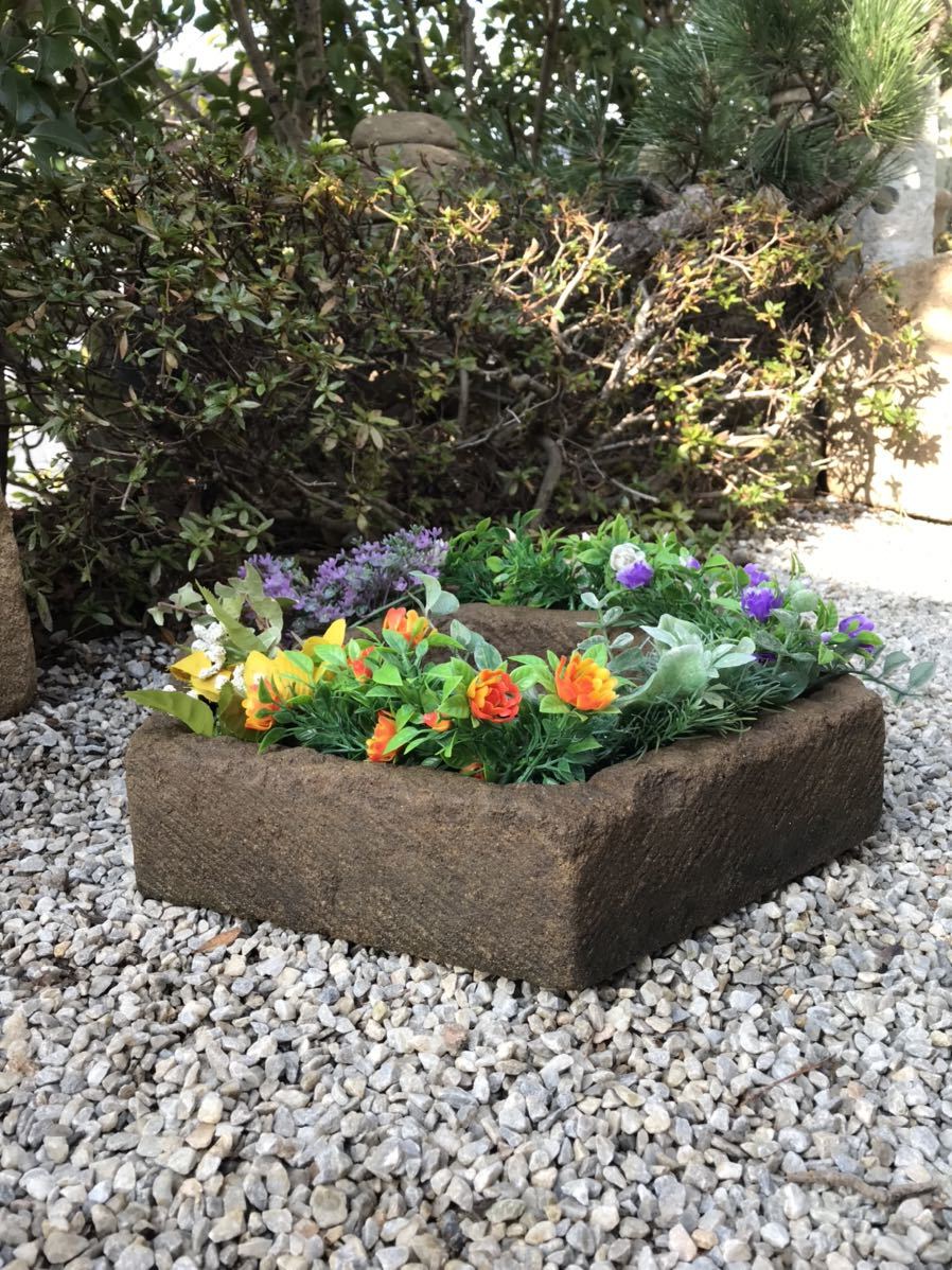古民具造園資材睡蓮鉢【六角形寄せ植え鉢・山野草花鉢・石鉢】風蘭観葉