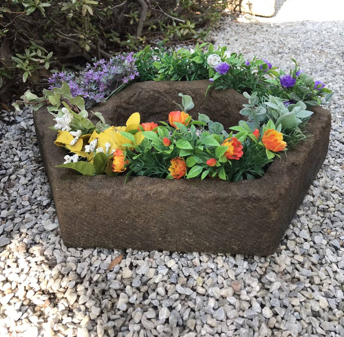 古民具造園資材睡蓮鉢【六角形寄せ植え鉢・山野草花鉢・石鉢】風蘭観葉