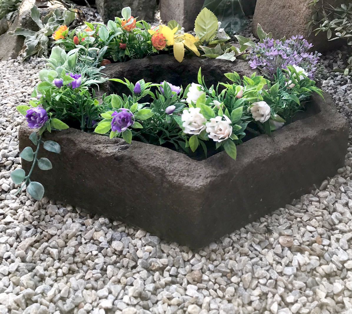 古民具造園資材睡蓮鉢【六角形寄せ植え鉢・山野草花鉢・石鉢】風蘭観葉