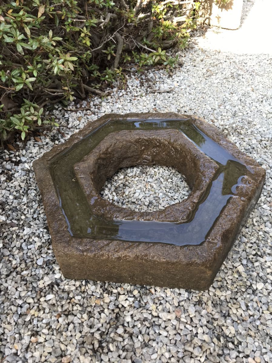 古民具造園資材睡蓮鉢【六角形寄せ植え鉢・山野草花鉢・石鉢】風蘭観葉
