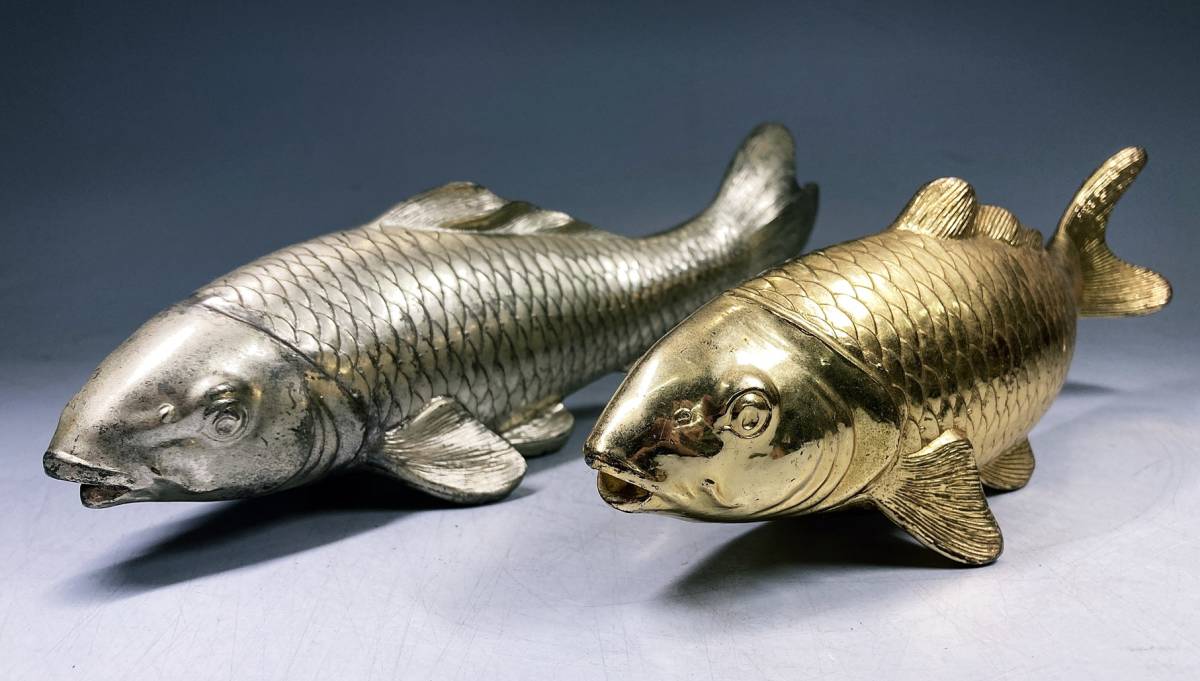 鋳銅 双鯉 在銘 双鯉 夫婦鯉 縁起物 一対 金属製鯉の