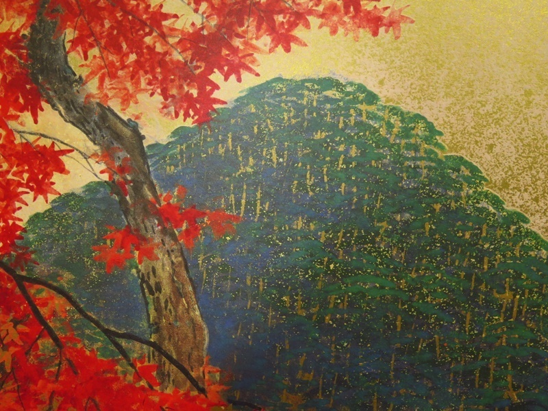 伊藤嘉晃 四枚折屏風 日本美術院特待 日本画 紅葉山水 名品 伊藤嘉晃筆 『小倉山紅葉図』 複製画 小屏風 高さ 約92㎝ 四曲一隻 師