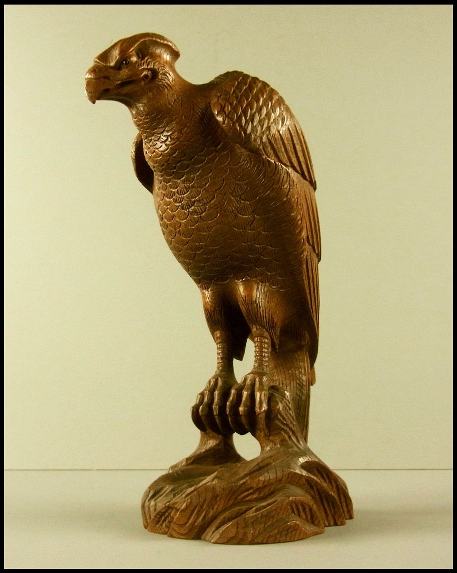 宏】1490) 有磯周斎 木彫 「鷹」 在銘 江戸時代/(新潟村上宮大工彫漆