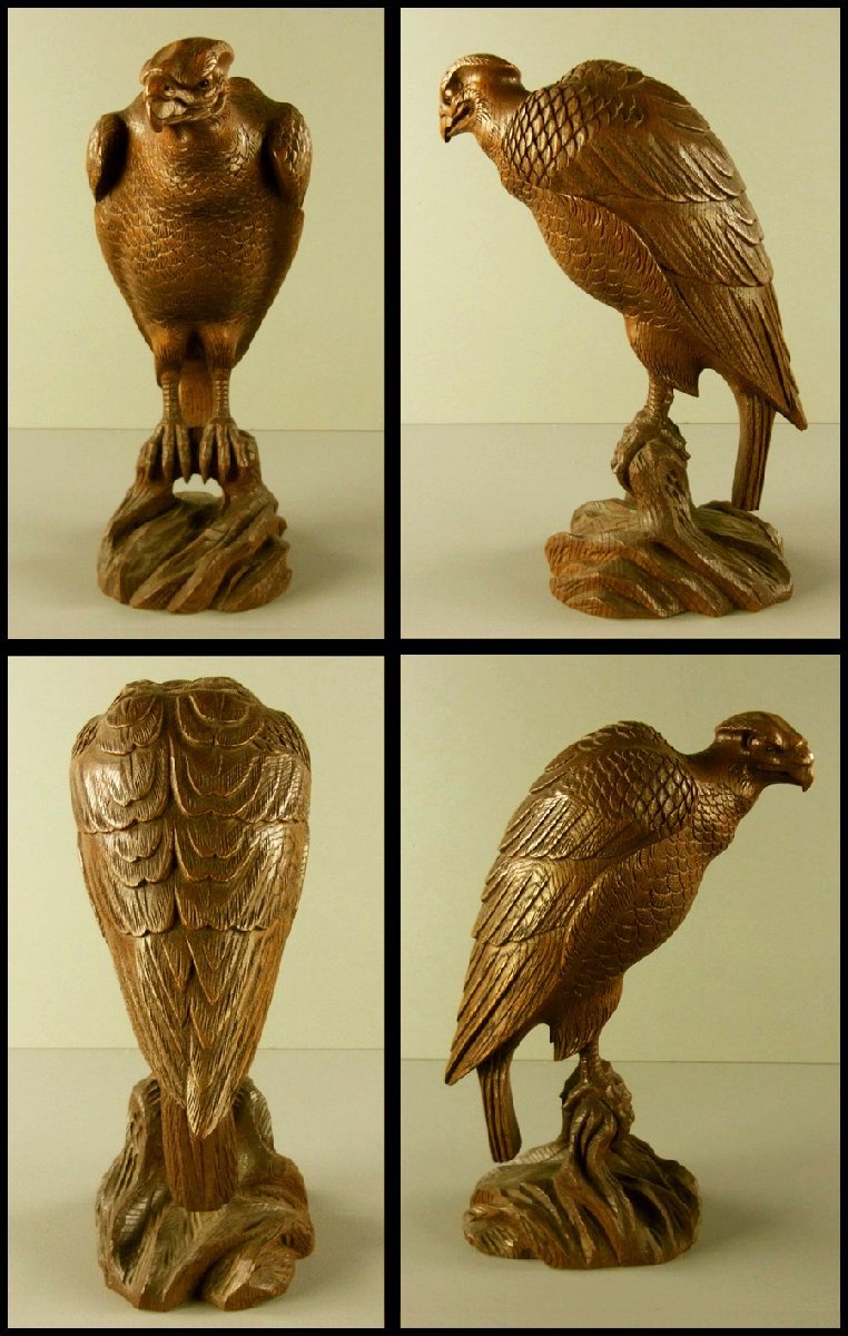 宏】1490) 有磯周斎 木彫 「鷹」 在銘 江戸時代/(新潟村上宮大工