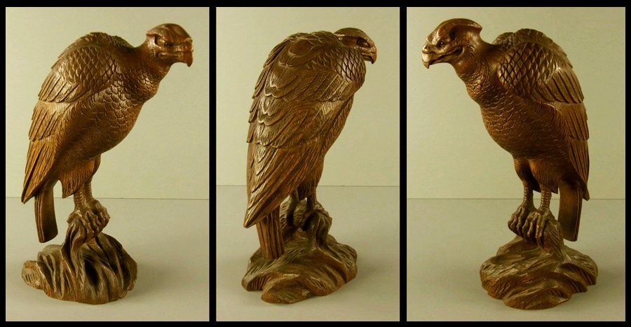 宏】1490) 有磯周斎 木彫 「鷹」 在銘 江戸時代/(新潟村上宮大工