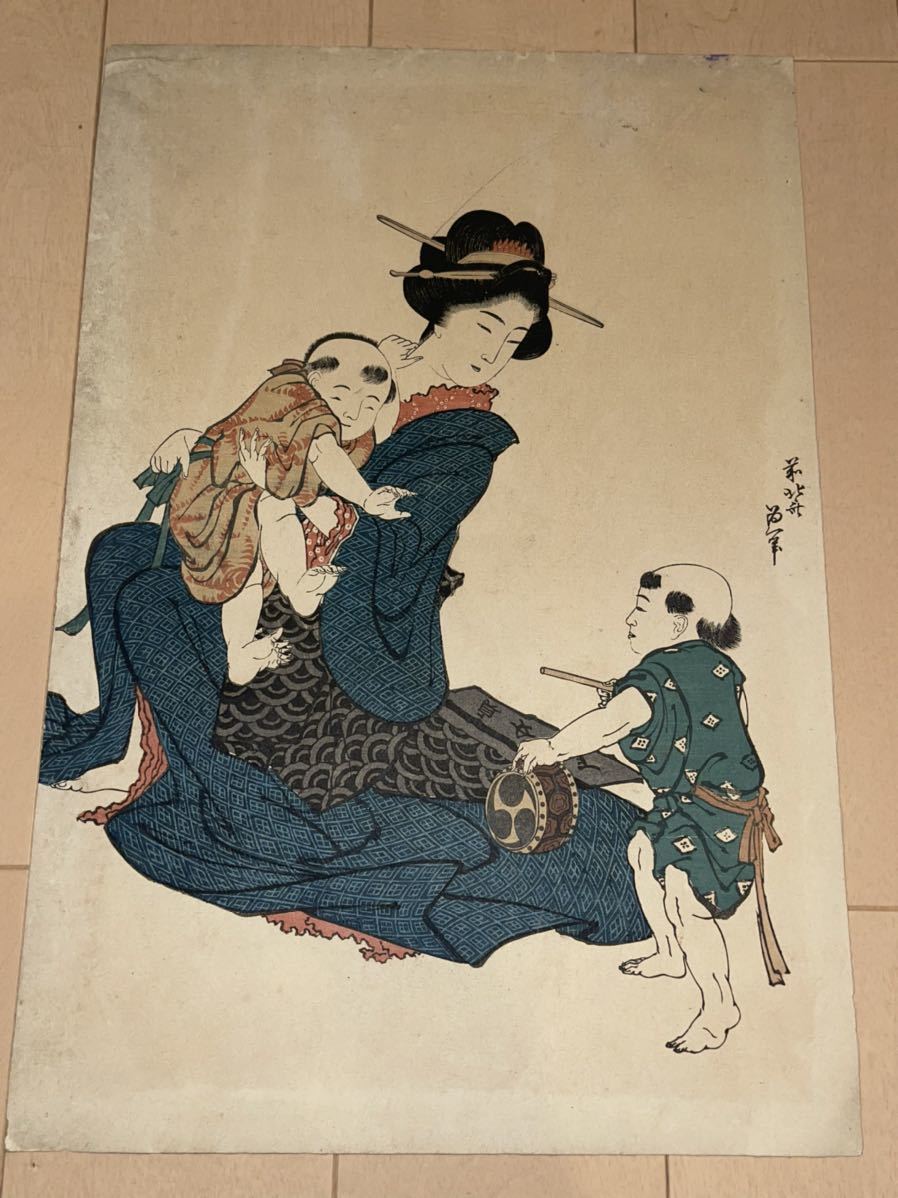 葛飾北斎 親子 浮世絵 版画 【 時代物 人物 戯れ 赤ちゃん 】(美人画