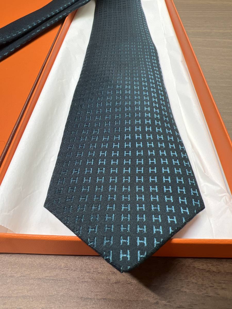 HERMES エルメス ネクタイ ジャガード織 H柄 ブルー系 シルク フランス