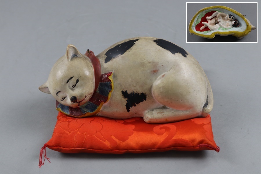 眠り猫 春画 置物 幅19,8cm/ 戦前 土人形 エッチ 裸婦 ヌード 風俗資料
