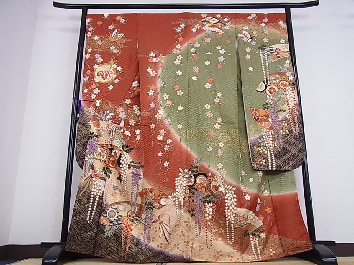 平和屋着物□豪華振袖 駒刺繍 鳳凰地紙草花文 暈し染め