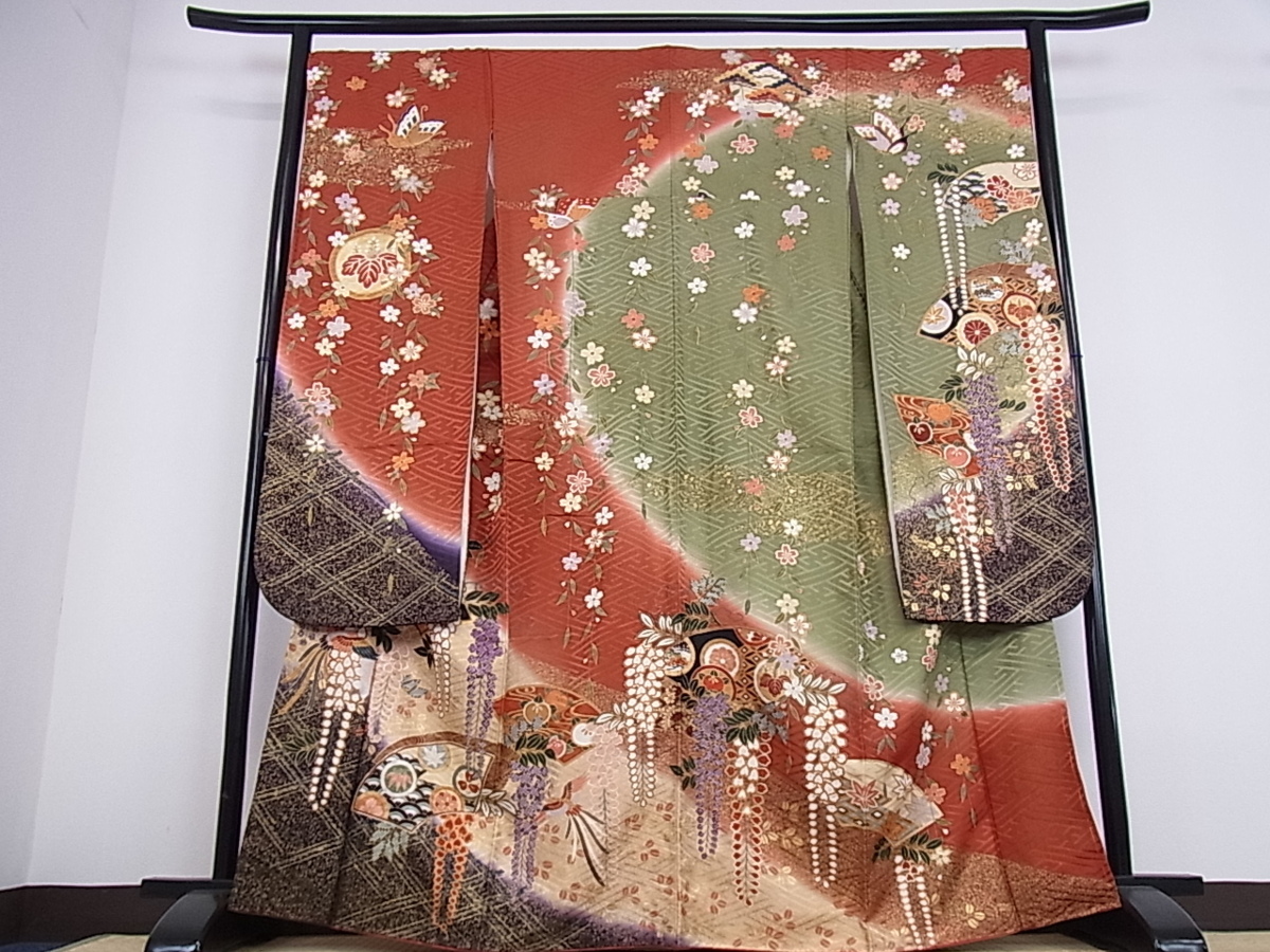 平和屋着物□豪華振袖 駒刺繍 鳳凰地紙草花文 暈し染め