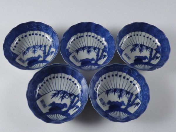 □匠□古伊万里 染付 扇子 竹笹文 皿 5客 15cm 無傷
