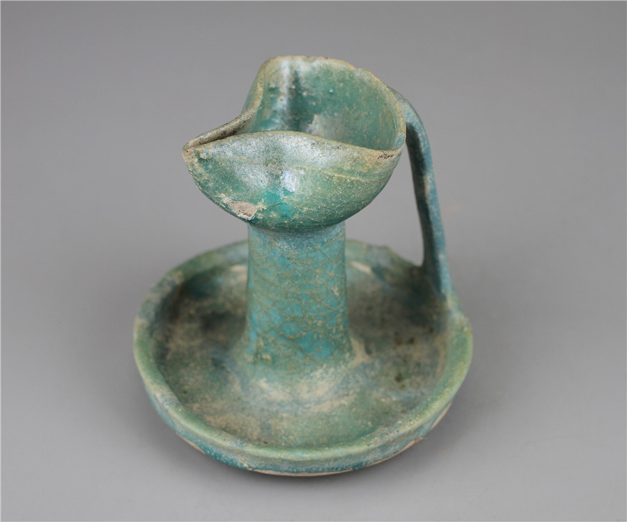 時代 ペルシャ陶器 青釉銀化 オイルランプ 灯火器 骨董品 古美術品[N80i]