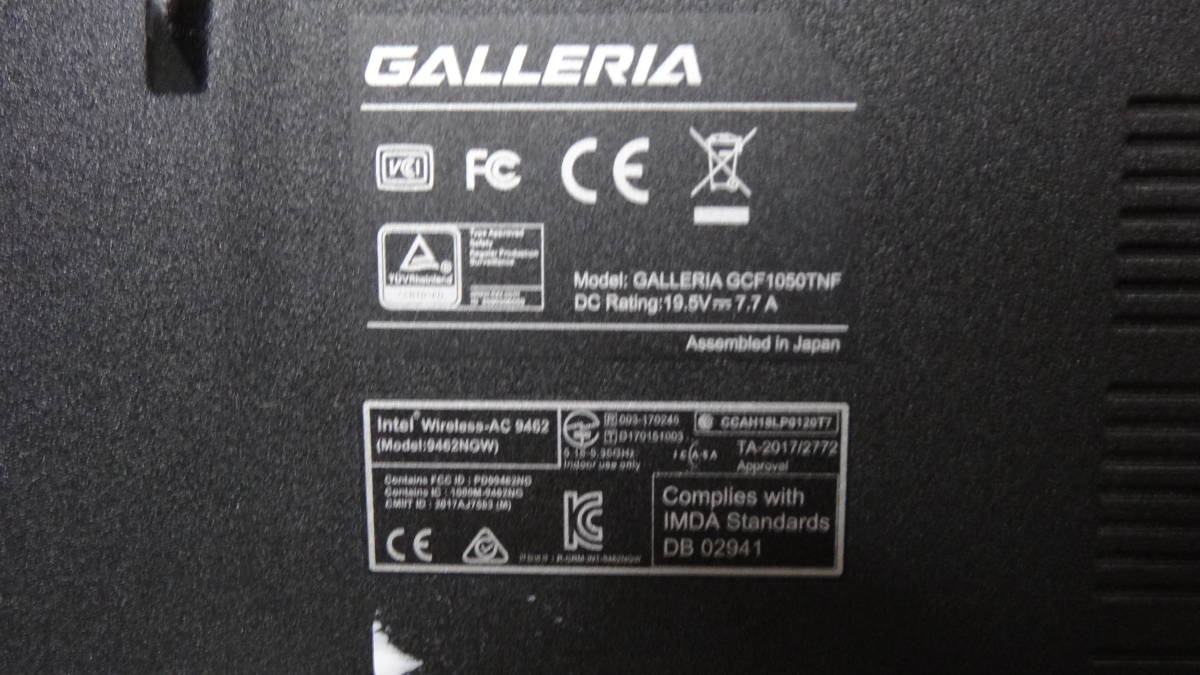 【BIOS確認済】GALLERIA GCF1050TNF ノートパソコン ゲーミング Gaming ドスパラ Core i7-8750H 2.20GHz 2GB