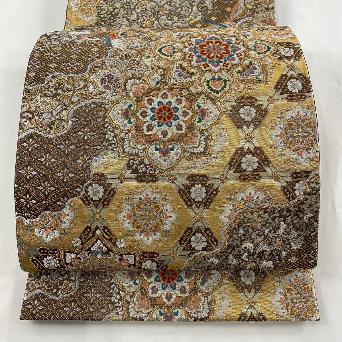 袋帯 美品 秀品 華文 鳳凰 金糸 箔 茶色 六通 正絹 【中古】
