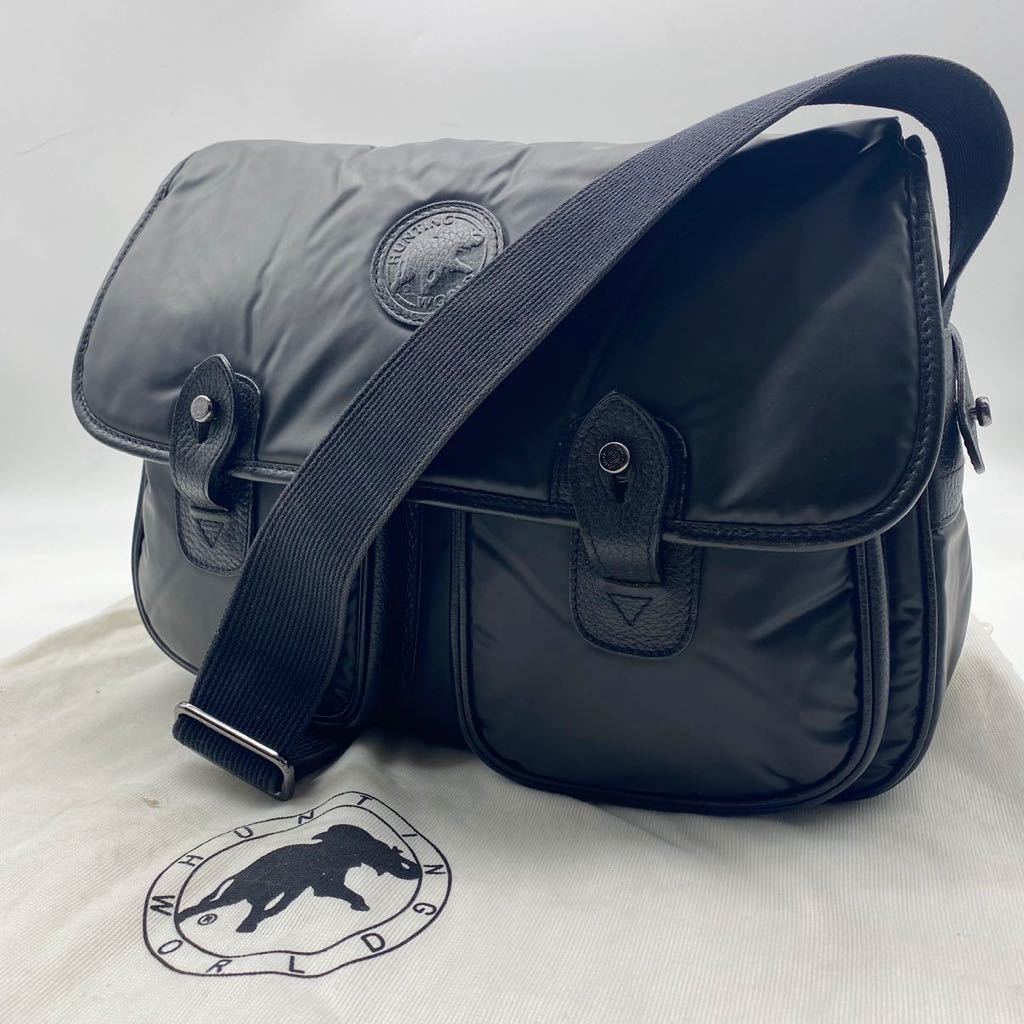 1円【未使用・極上品】HUNTING WORLD ハンティングワールド バチューサーパス メンズ ショルダーバッグ メッセンジャー レザー ブラック