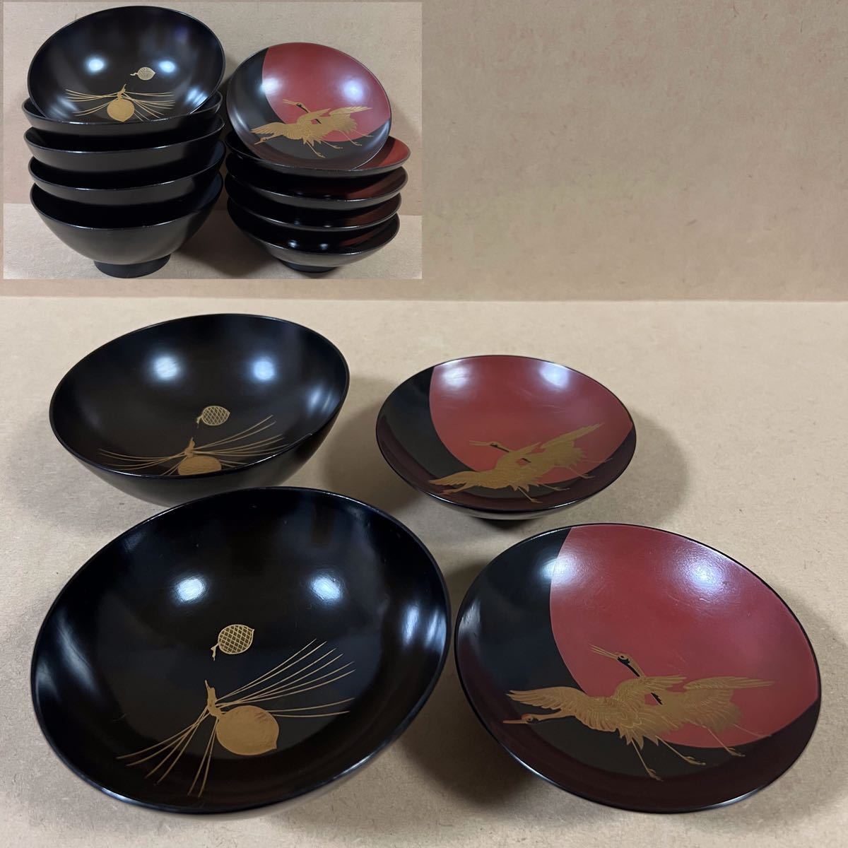 松 漆塗金蒔絵 小吸物 蓋付椀 10客 外朱塗り 内