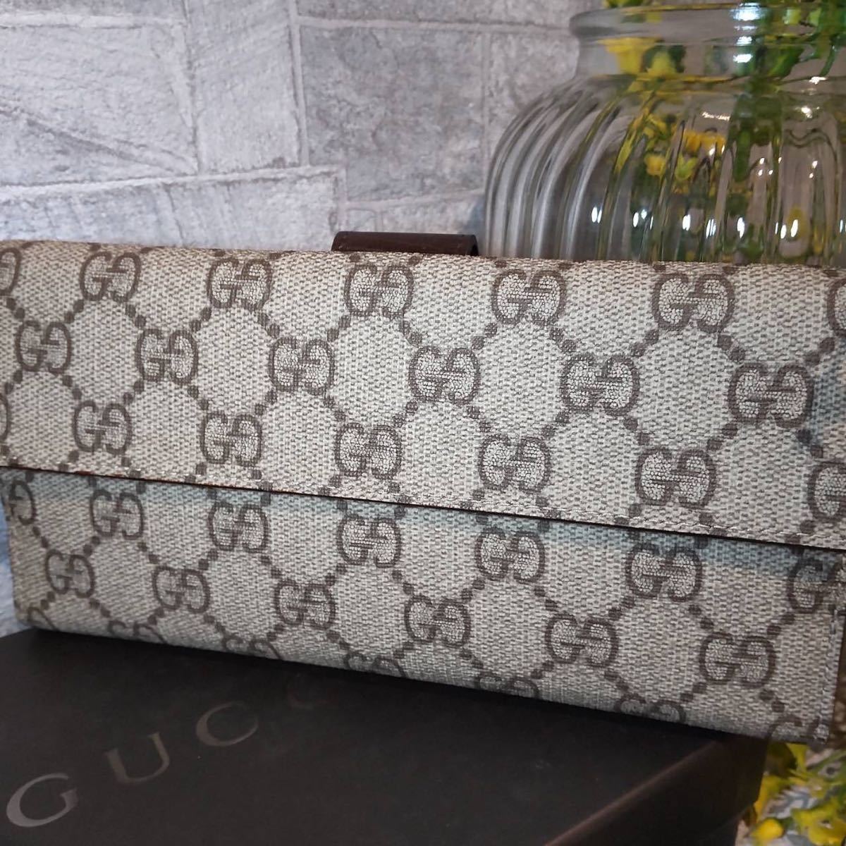 1円【未使用】GUCCI グッチ 長財布 GG柄 キャンバス レザー ブラウン 