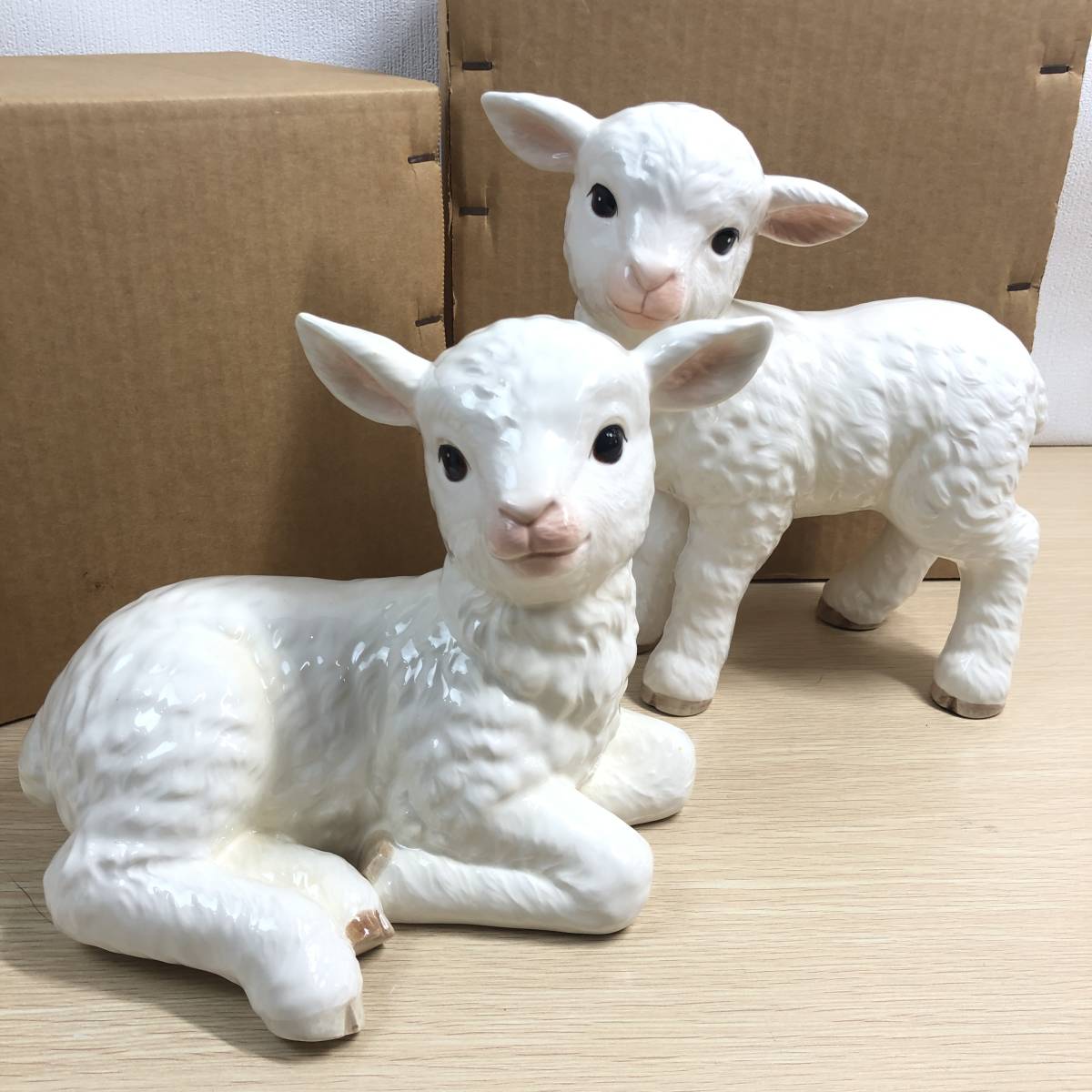 加藤工芸 子羊 2体セット 陶器 Hand Painted フィギュリン 置物 動物