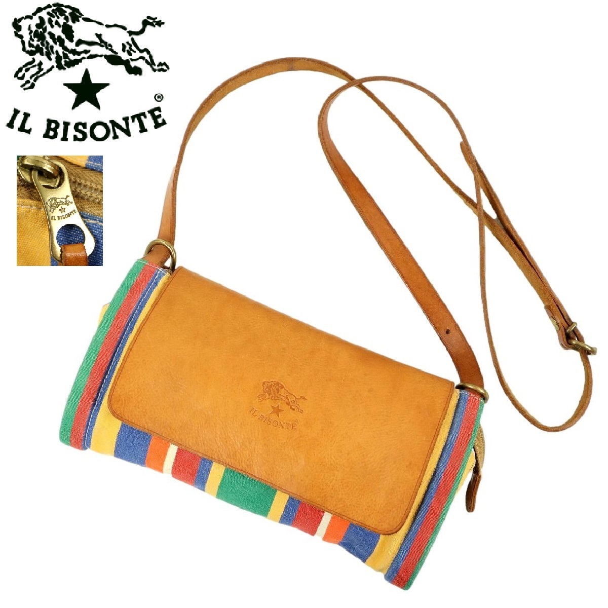 【S2179】IL BISONTE イルビゾンテ ショルダーバッグ キャンバス×レザー マルチカラー ヌメ革