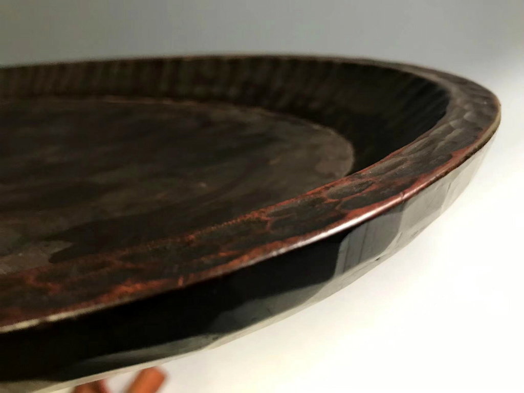 希少 時代物 我谷盆 煎茶盆 盆 台円形 直径42cm6mm 刳り貫き 一刀彫り