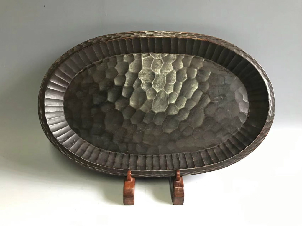 希少 時代物 我谷盆 煎茶盆 盆 台円形 直径42cm6mm 刳り貫き 一刀彫り