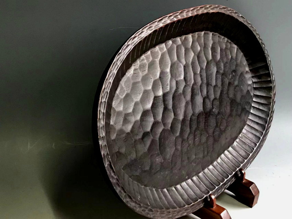 希少 時代物 我谷盆 煎茶盆 盆 台円形 直径42cm6mm 刳り貫き 一刀彫り