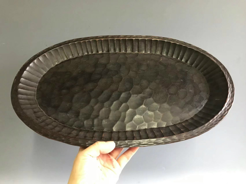 希少 時代物 我谷盆 煎茶盆 盆 台円形 直径42cm6mm 刳り貫き 一刀彫り