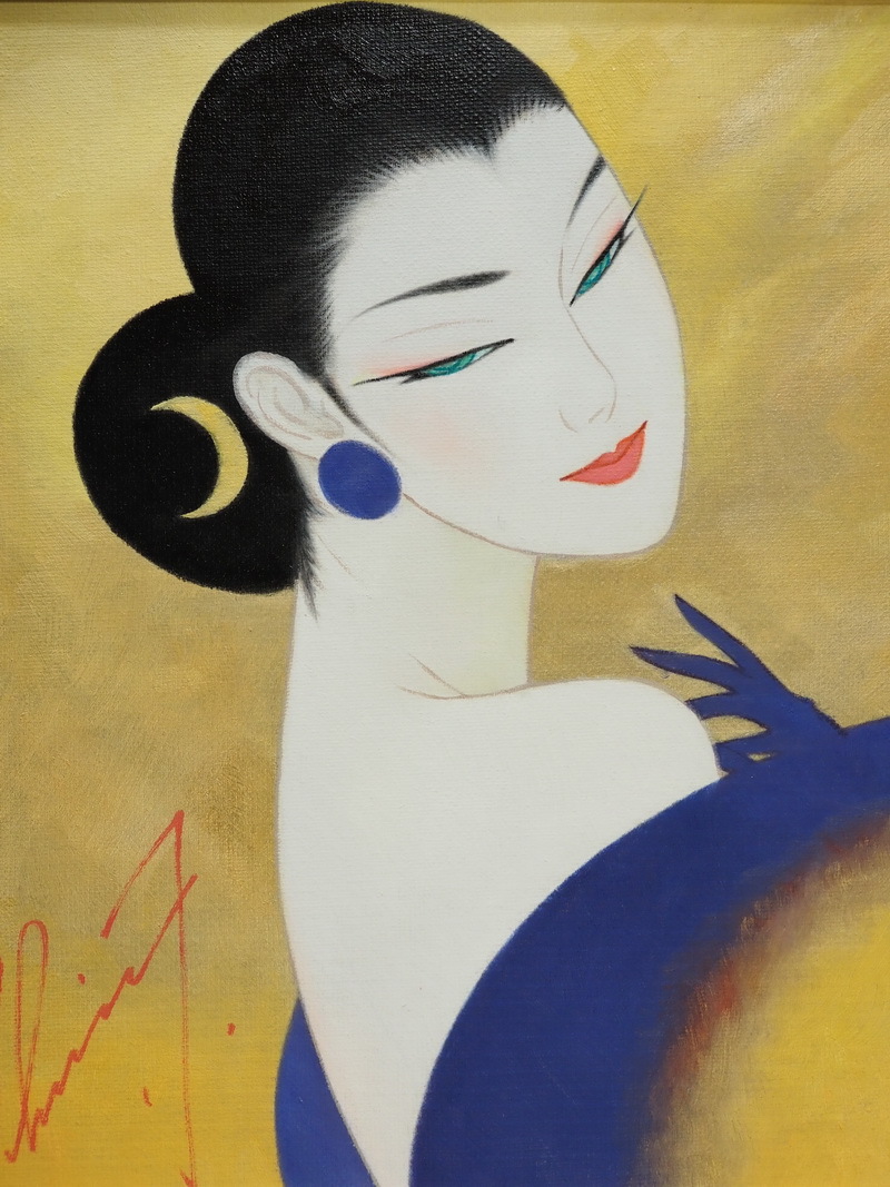 ◇ F6号人物絵画 美人像 日本 額縁付き 鶴田一郎 中古逸品 ◇(人物画