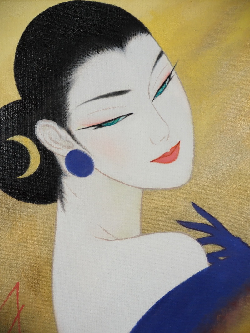 ◇ F6号人物絵画 美人像 日本 額縁付き 鶴田一郎 中古逸品 ◇(人物画