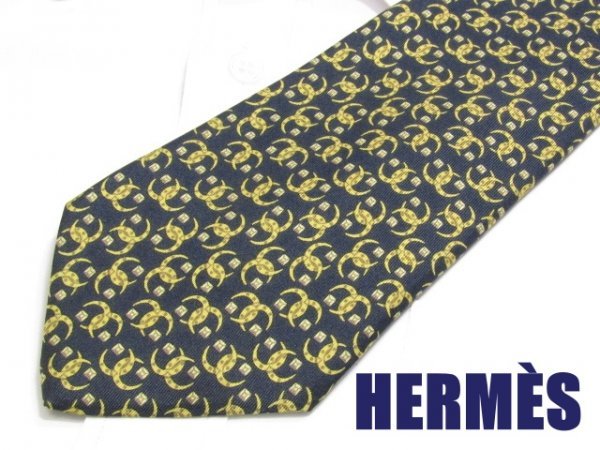 HERMES ネクタイ Z 097 エルメス ネクタイ HERMS PARIS 7303 EA 黒系 蹄鉄柄 プリント