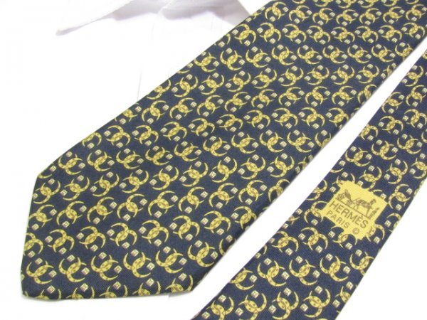 Z 097 エルメス ネクタイ HERMS PARIS 7303 EA 黒系 蹄鉄柄 プリント 