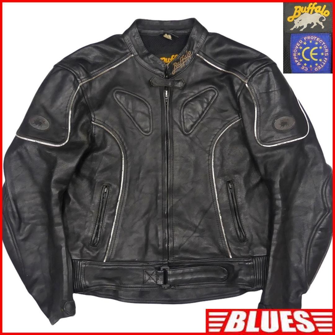 即決★Buffalo★メンズXL位 レザーライダースジャケット バッファロー UK46 黒 保護パット 本革 シングル ライディング ツーリング