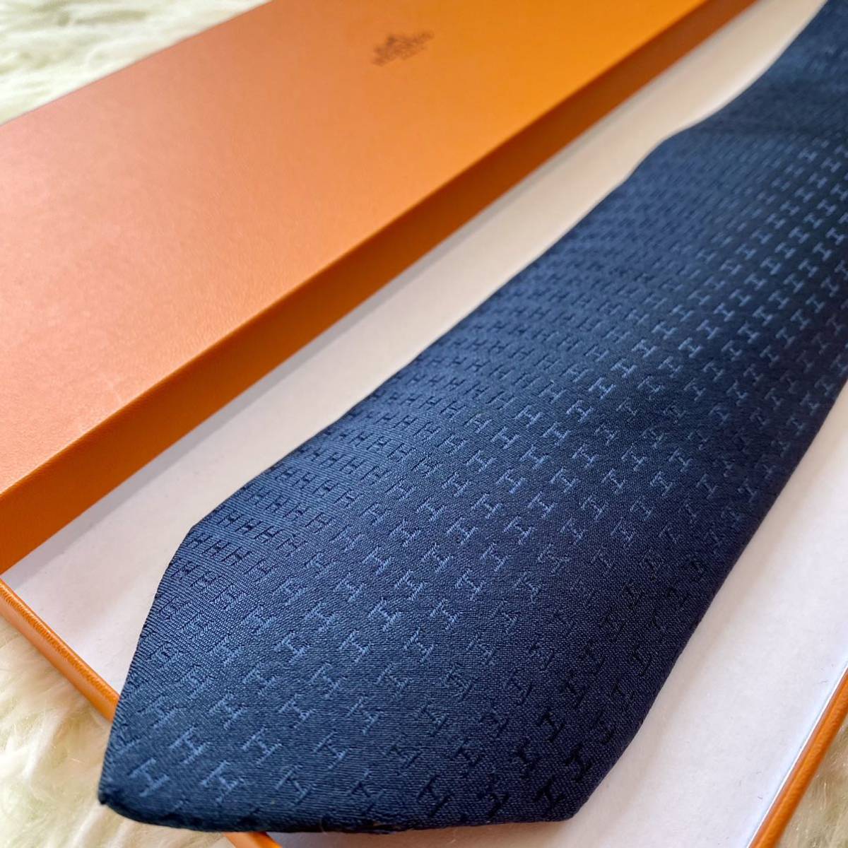 全面H柄 美品】HERMES エルメス ネクタイ ネイビー ファソネ シルク 