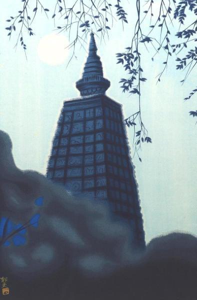 WISH】平山郁夫「ブッダガヤの大塔」工芸画 20号大 大作 絹本 証明