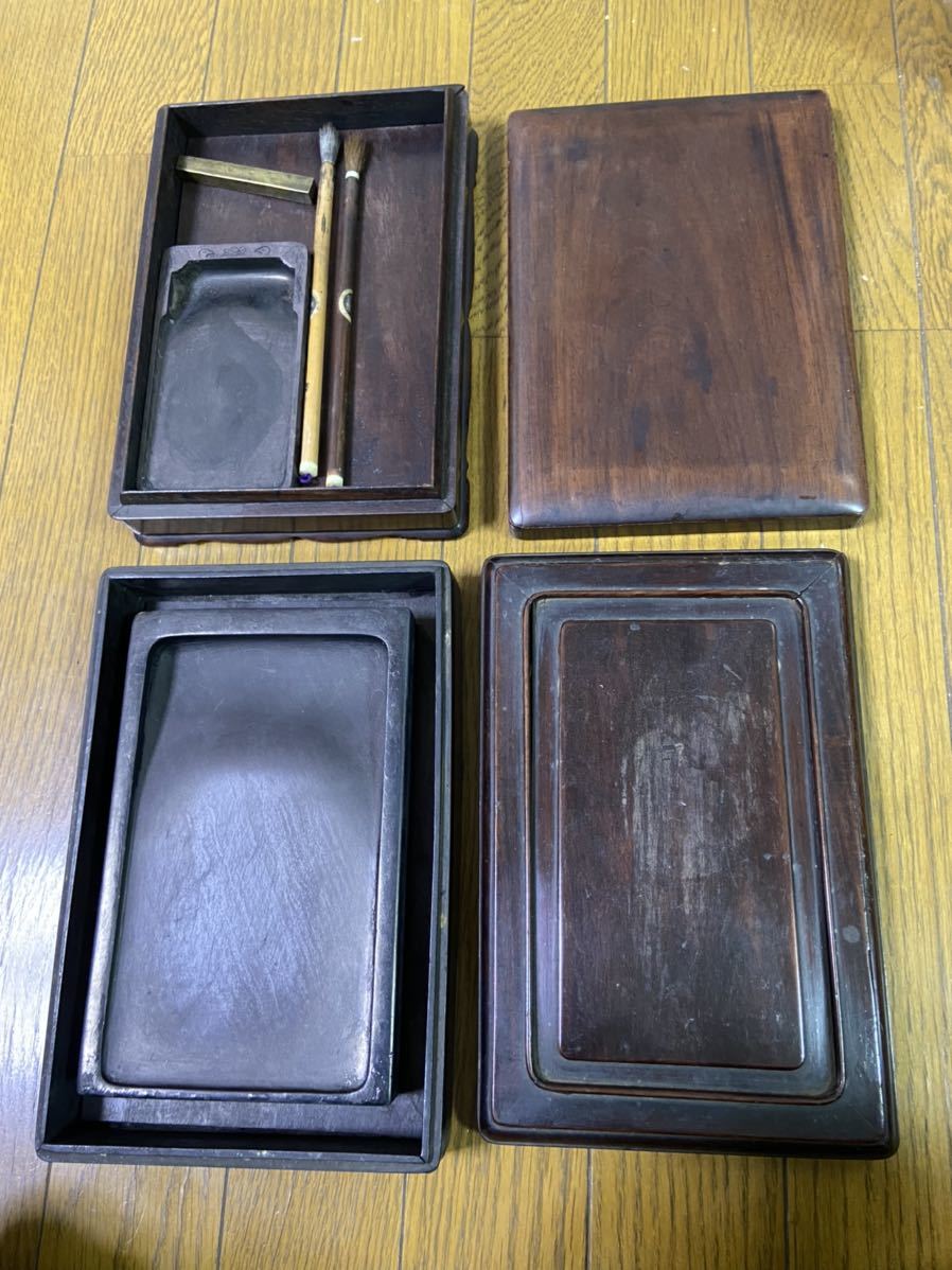 ☆ 時代物 唐木硯箱 一式(文鎮・筆・硯付)・端渓 古硯 古唐木長方硯箱