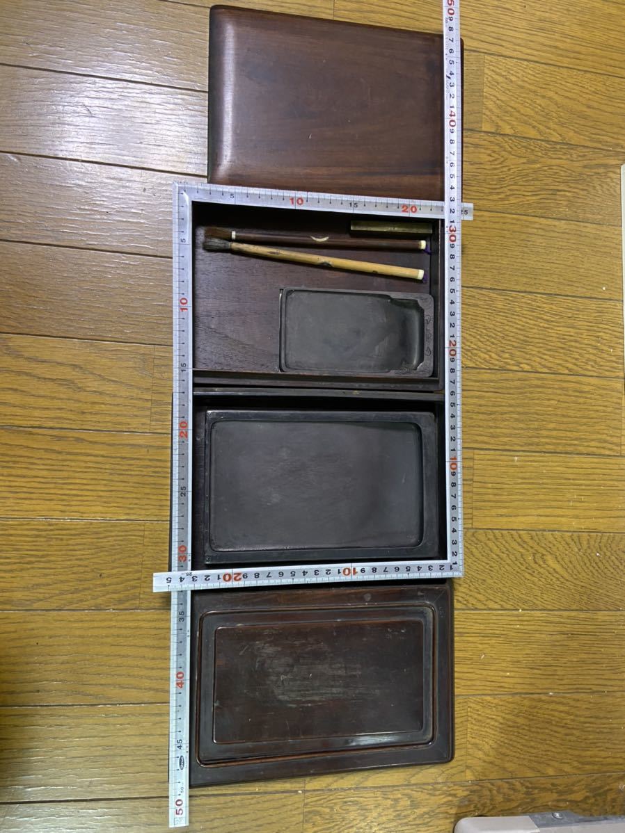 ☆ 時代物 唐木硯箱 一式(文鎮・筆・硯付)・端渓 古硯 古唐木長方硯箱