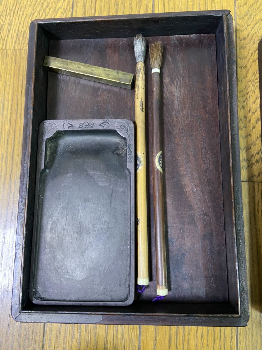 ☆ 時代物 唐木硯箱 一式(文鎮・筆・硯付)・端渓 古硯 古唐木長方硯箱