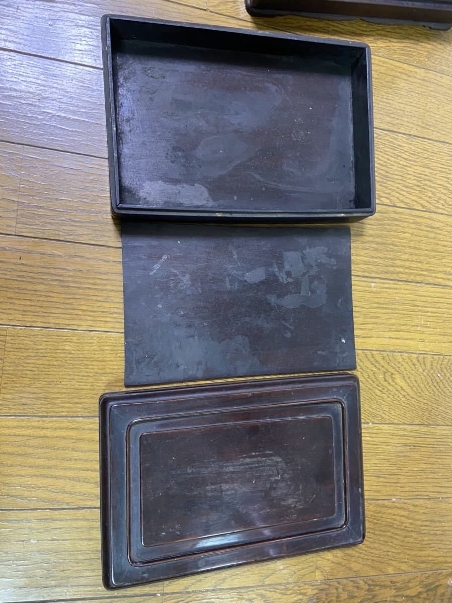 ☆ 時代物 唐木硯箱 一式(文鎮・筆・硯付)・端渓 古硯 古唐木長方硯箱