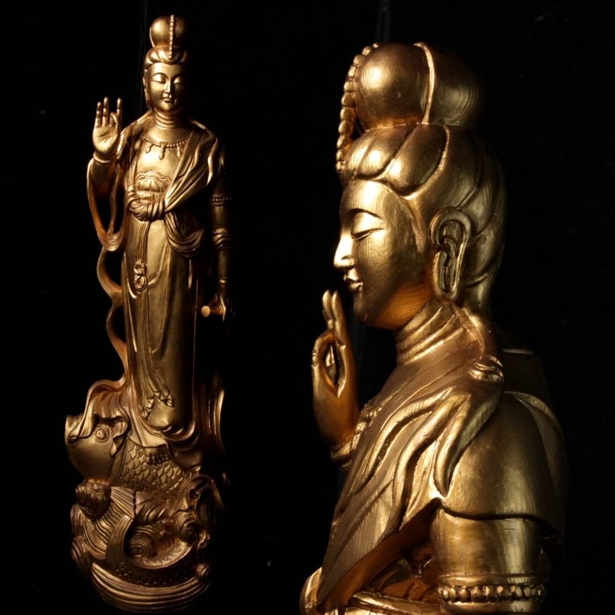 ◇楾◇2 仏教美術 木彫 観音菩薩像 特大91cm 鍍金 仏像唐物