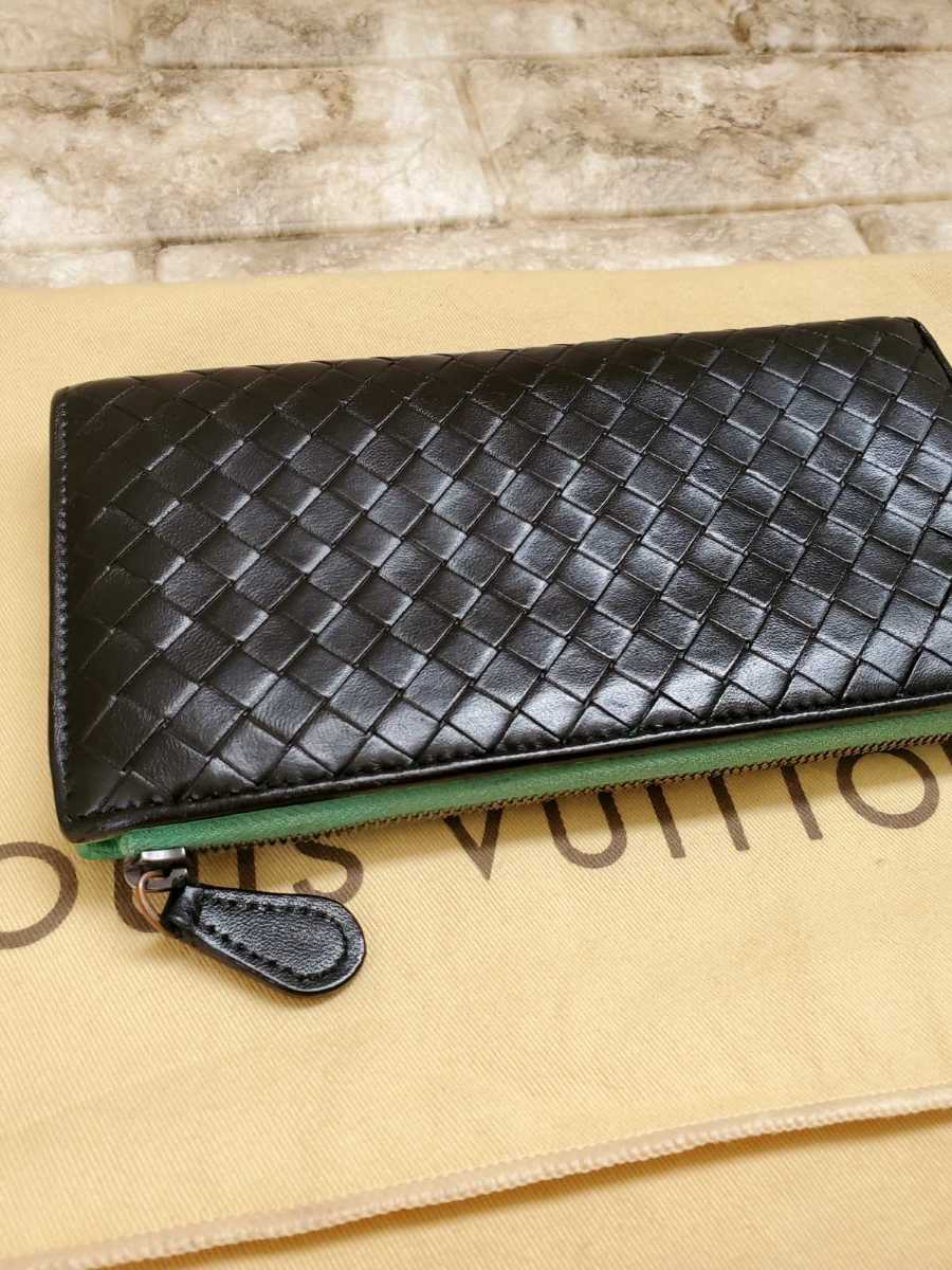美品 ボッテガヴェネタ イントレチャート 長財布 L字 本物 緑(財布