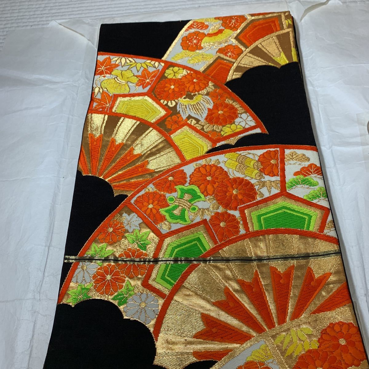 袋帯 正絹 菊 地紙 亀甲文様 六通 ブラック 増やせ