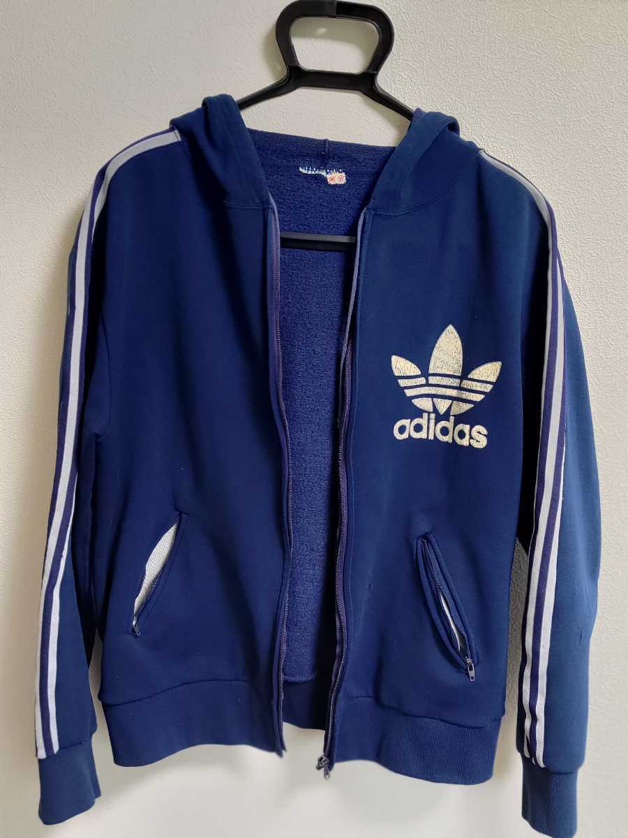 adidas アディダス トレフォイル 3つ葉 フード ネイビー 【貴重！ヴィンテージ】adidas トレフォイル フーディー ジャージ パーカー 