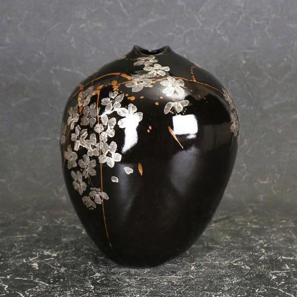 真作】【WISH】吉川水城「黒釉 枝垂桜文 扁壷」益子焼 共箱 高さ29.5cm
